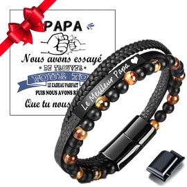 Jbniuay Father's Day Gift Bracelet Men's Dad Bracelet with Engraving – Men's Leather Bracelet Natural Stone Bracelet – Gift for Birthday Christmas Father's Day, Leather