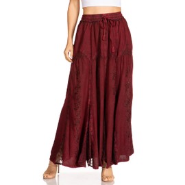 Sakkas Olivia Women's Maxi Bohemian Gypsy Long Skirt with Elastic Waist and Lace, Burgundy
