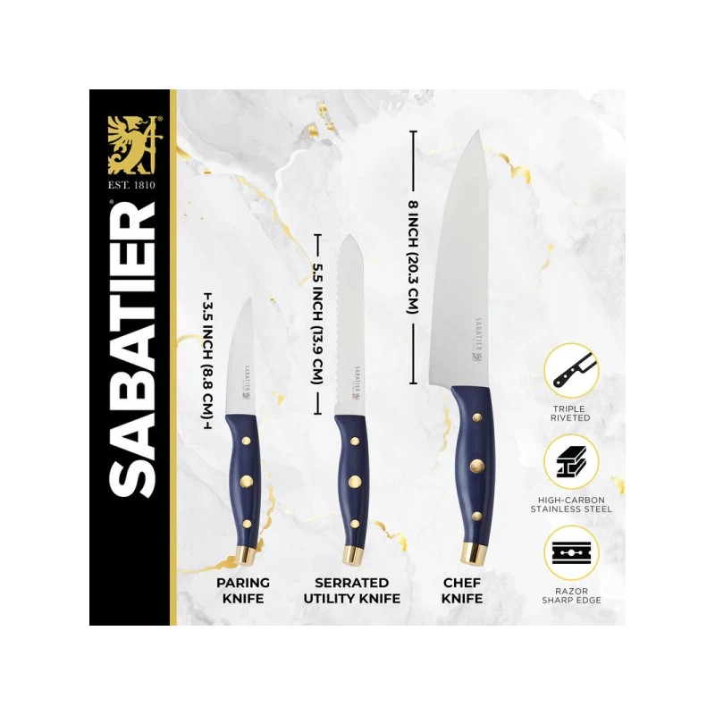 Sabatier 3-Piece Chef Set, Navy & Gold