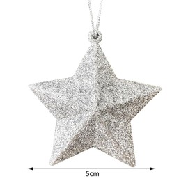 6 PCS Silver Star Baubles Christmas Tree Hanging Ornaments with String, Giltter Baubles for Christmas Tree Decoration, Silver Giltter Star 5cm