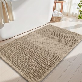 AMOAMI Waffle Bath-Mat, Super Absorbent Bath Mats for Bathroom, Boho Bathroom Rugs Non Slip Washable, Ultra Soft Bathroom-Mat with Tassels Bath Rugs for Bathroom Floor Mat, 20" X 32" Brown