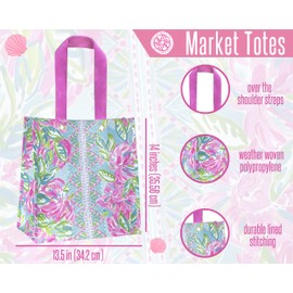 Lilly Pulitzer Pink/Green Market Shopper Bag, Reusable Grocery Tote with Comfortable Shoulder Straps, Totally Blossom