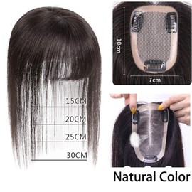 Women Toupee With Bangs Human Hair Straight Hand-Made Topper Hairpiece Natural Hair Clip Ins Bangs Natural Black 7x10cm 30cm/ 12 Inch