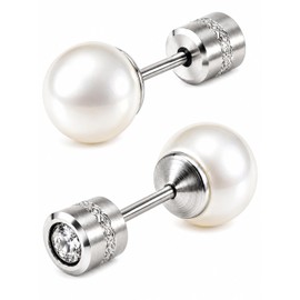 Screw Type Earrings, Hypoallergenic, 316L Surgical Stainless Steel, First Earrings, Second Earrings, Set of 2, Women's, Men's, Luna Pearl 0.2 inches (6 mm)