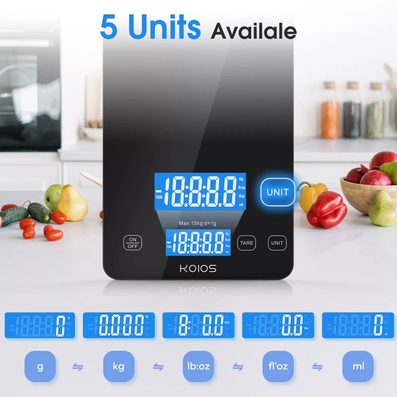 KOIOS Digital Kitchen Scale Touch Glass Diet Food Postal 33lb/15kg