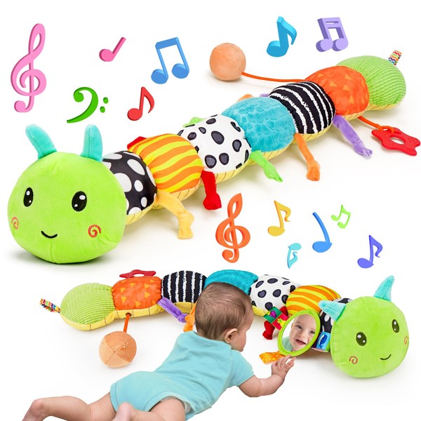 Melodyinn Baby Sensory Toy 0-3 Month Music Animal Stuffed Plush Caterpillar Toy for Infant 0-3-6 Month Tummy Time with Baby Crinkle Rattle for 6-12 Month Texture Toy for Boy Girl Birthday Easter Gift