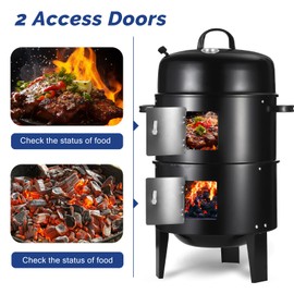 16.5 Inch Charcoal Smoker Grill with Thermometers and Air Vent, Multi-Layer Meat 3-in-1 Portable Vertical Smoker with 2 Access Doors Grill Smoker Black (16.5Inch)