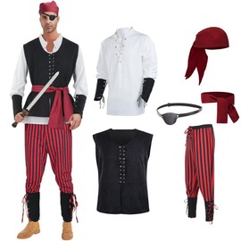 6 Pcs Men's Pirate Costome Set Renaissance Medieval Outfit Accessories