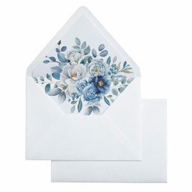 PONATIA 50PCS A7 Euro Flap White Envelope, 5.25 x 7.25'' Dusty Blue Flowers Liner Envelopes for Wedding Invitations, Photos, Postcards, Greeting Cards, Acrylic Mailing, 5x7 Envelopes