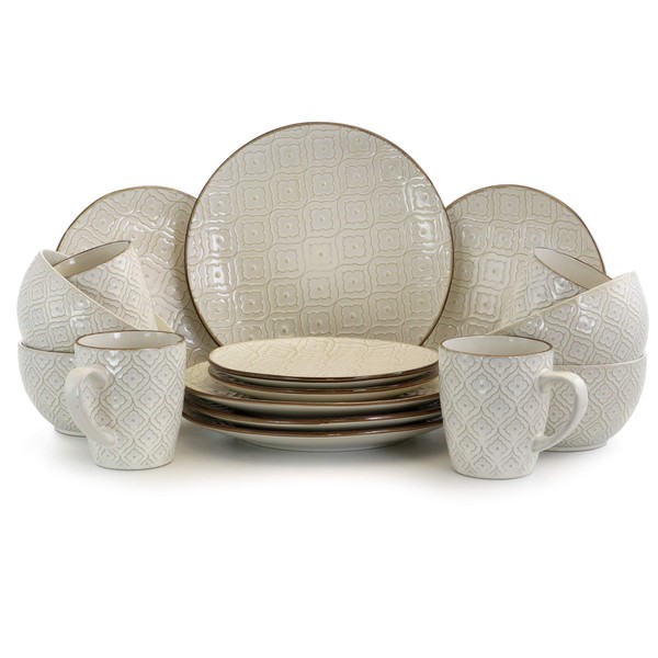 Elama Elegant Round Stoneware Ogee Style Dinnerware Dish Set, 16 Piece, White