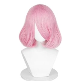 KiyaCos 35cm Pink Short Women Straight Cosplay Wig BOB Style Synthetic Party Wig with Long Bangs