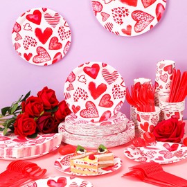 Bokon 350 Pcs Valentine's Day Party Supplies Bulk Disposable Party Dinnerware Set Lovely Heart Paper Plates Cups Napkins Knives Forks Spoons Valentine's Party Decorations for Weddings Anniversary