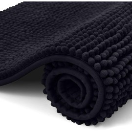 OLANLY Chenille Bath Mat, Non-Slip Bathroom Rug, Soft Bath Mat, Absorbent Bath Mat, Washable Shower Mat for Bathroom, 40 x 60 cm, Black