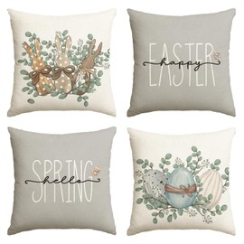 Artoid Mode Bunny Rabbits Eggs Eucalyptus Leaves Happy Easter Cushion Covers Set of 4, 40x40 cm Decorative Pillow Case Cover Sofa Living Room Decor