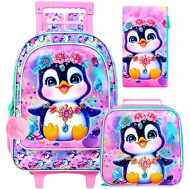 ZLYERT 3Pcs Rolling Backpack for Girls, Penguins Kids School Backpacks with Wheels, Roller Bookbag with Lunch Box for Elementary Preschool(Pink)