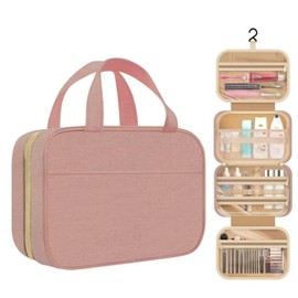 4 Pocket Card Binder, Toiletry Bag with Hanging Hook, Water-Resistant Makeup Cosmetic Bag Travel Organizer for Travel-Sized Shampoo, Conditioner, Brushes Set, Makeup Accessories, Pink