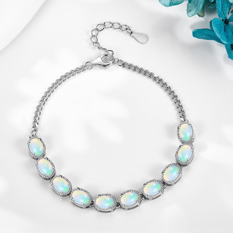 JERWLI Natural Opal Bracelet for Women Sterling Silver White Opal
