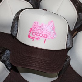 Pink Pony Club Sign Trucker Hat | Trendy Cute Hot Graphic Pop Girly Concert Festival | Premium Trucker Hat for Men & Women (US, Alpha, One Size, Brown/Tan)