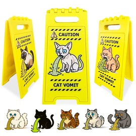 Cat Lover's Funny "Caution Cat Vomit" Desk Sign – Vivid 3D Printed Double-Sided Miniature Foldable Decor, Quirky Gag Gift, Unique Cat Breeds & Colors, Home & Office Humor, 4.88" Tall (Sphynx)