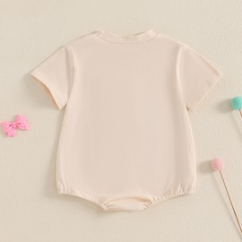 MOLZULAMS Baby 1st Birthday Girl Outfit Sweet One Bow Embroidery Short Sleeve Bubble Romper First Bodysuit Summer Clothes (Khaki, 6-12 Months)