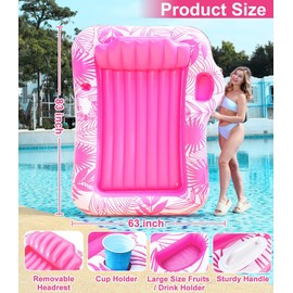 83" X 63" Extra Large Inflatable Tanning Pool Float Lounger with Sprinkler, Pool Float Adults with Pillow & Drink Holder, Blow up Water Tanning Bed Pool Raft Floatie for Adults Backyard, Pink/Blue