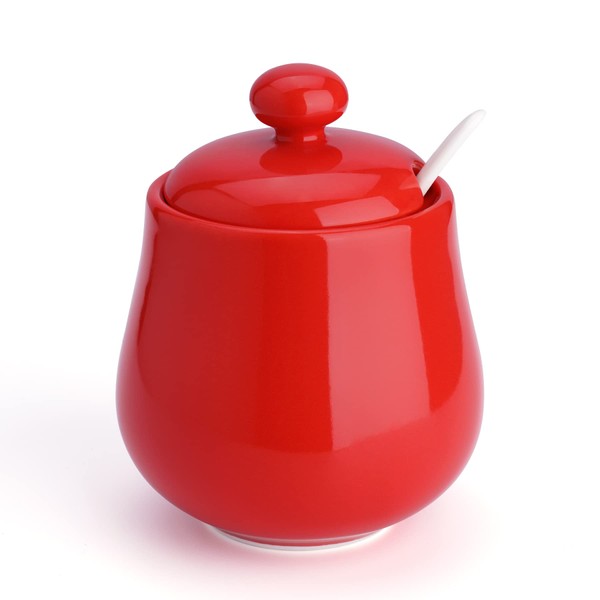 Sweese 12 Ounce Porcelain Sugar Bowl, Sugar Canister with Spoon and Lid for Home and Kitchen, Red - 481.104