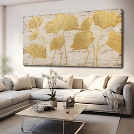 Gold Foil Wall Art for Living Room Minimalist Leaves Painting Grey Wall Prints for Bedroom Home Artwork 29"x 58" Room Wall Decor Aesthetic Large Size