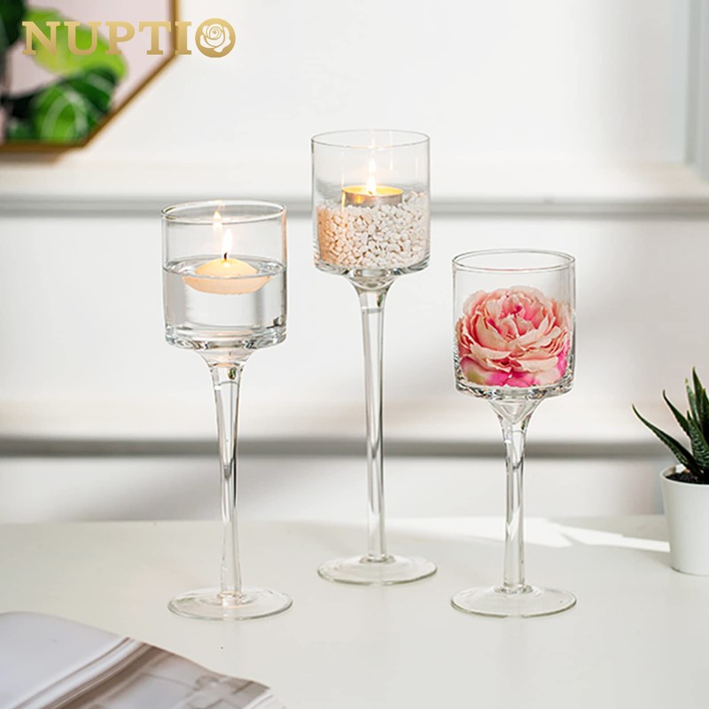 NUPTIO Tealight Candle Holders Glass: Set of 3 Long Stemmed
