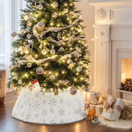 Lewondr Christmas Tree Collar 26 Inch, Snowflake Pattern Sequins Large Plush Christmas Tree Skirt, Decorative Xmas Tree Ring Foldable Stand Base Cover for Christmas Hoilday Party Home, White & Gray