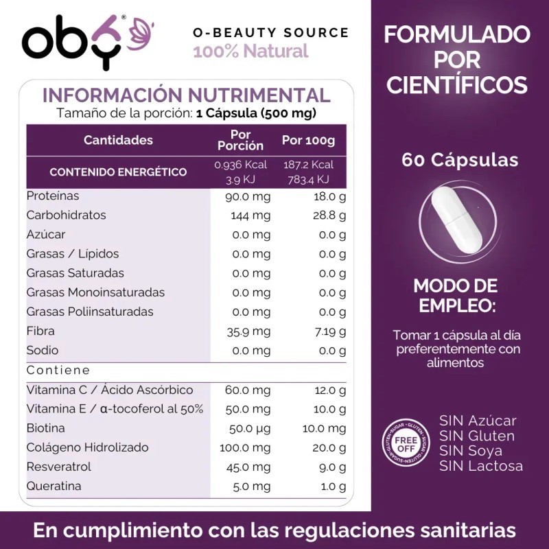 Oby Colageno Hidrolizado Resveratrol Biotina Keratina Vitamina Suplemento Antioxidante Vitybell