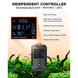 AQQA Aquarium Heater,64-95°F Fast Heating Double Quartz Glass Tube Fish Tank Heater,High-definition LCD Controller Displays Real-time Power,Anti-dry and Over-temperature Protection (1000W 180-300 Gal)