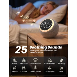 LIORQUE Alarm Clock with White Noise Machine & Night Light, 25 Soothing Sound, Adjustable Volume, Sleep Timer, Ideal for Baby Kids Adult, Easy to Use Alarm Clock for Bedrooms
