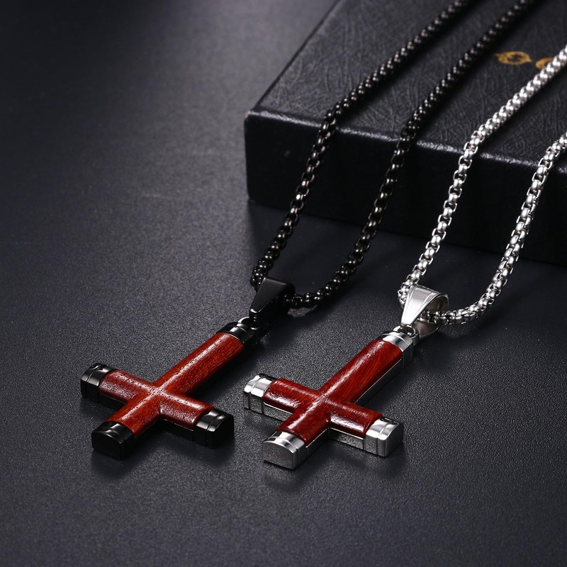 OIDEA Wooden Inverted Cross Necklace for Men: Black Gothic Stainless