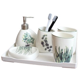 6-Piece Ceramic Bbathroom Accessory Set with Soap Lotion Dispenser, Mouthwash Cup, Soap Dish, Bathroom Tray, and Toothbrush Holder (Greenery)