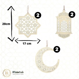 EID by MUBARAK DECORATION - Reusable Wooden Garland - AID MOUBARAK - Pack of 6 - 2 Lanterns, 2 Moons, 2 Stars - Large Format - For a Beautiful and Memorable Celebration After Ramadan.