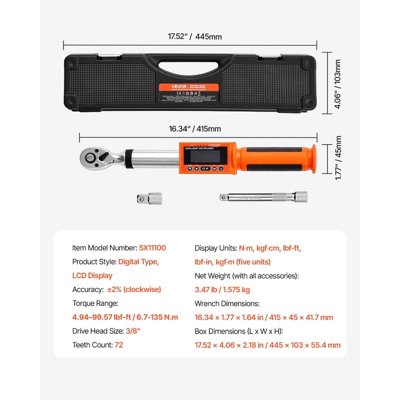 VEVOR Digital Torque Wrench, 3/8-Inch Drive, 4.94–99.57 lbf-ft, 72-Tooth, ±2%