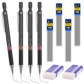 Tikplus Mechanical Pencil, Set of 4 Mechanical Pencil Set with 4 Tubes (48 Pieces), Pencil Lead, HB Lead Pencil, 2 Pieces Eraser, Mechanical Pencil for Drawing Writing (Mechanical Pencil 0.7)