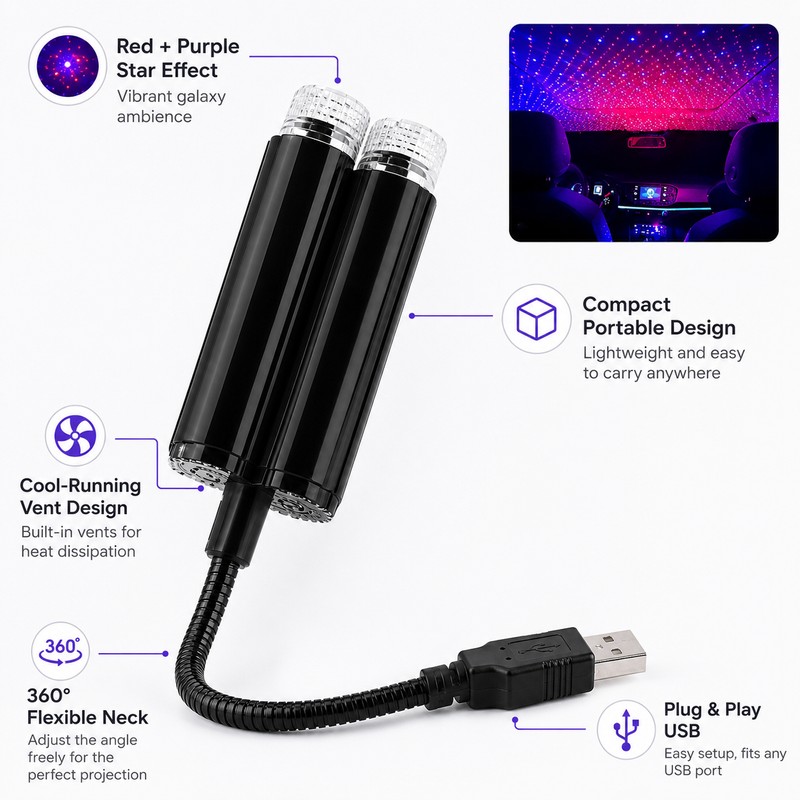 USB Car Star Projector Light for Interior Décor – Flexible