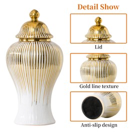 Ginger Jar, White Gold Ceramic Large Vase for Decor Decor, Modern Handmade Decorative Flower Vase, Porcelain Ginger jar with lid for Kitchen, Bookshelf-Decors(18in)