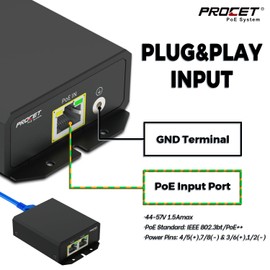 Procet Gigabit 2 Port PoE Extender, 1 in 2 Out, 2×IEEE802.3at/PoE+ Output (Total 60W) & 1×IEEE802.3bt/PoE++ Input, 10/100/1000Mbps PoE Switch, IP40, -40°F to 149°F, 6kv Surge Protection, PT-PEX02GB