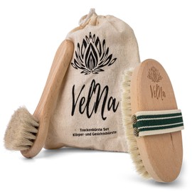VELNA Horsehair Body Brush and Face Brush Set Natural Bristles Fine Horse Hair Perfect Against Cellulite Dry Brush Horse Hair Brush with Elastic Handle Beige 15 x 11 x 4.5 cm