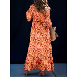 Dokotoo Sundresses for Women 2025 Smocked Waist Long Sleeve Button Down Square Neck Flowy Cute Boho Beach Vacation Sun Dress Resort Wear Ruffle Long Maxi Easter Dresses Western Outfit Orange XX-Large