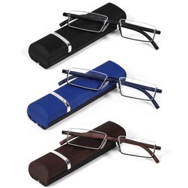 REAVEE 3 Pack Half Frame Reading Glasses for Men Women, Half Lens Slim Metal Lightweight Readers Portable Pocket with Case, Black Blue and Brown +1.75