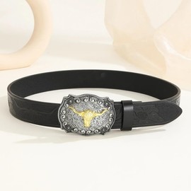 Men-Western-Cowboy-Leather-Buckle-Belts-with-longhorn-Bull-Floral-Engraved-Belt-Buckle-for-Jeans (Black, 125cm)