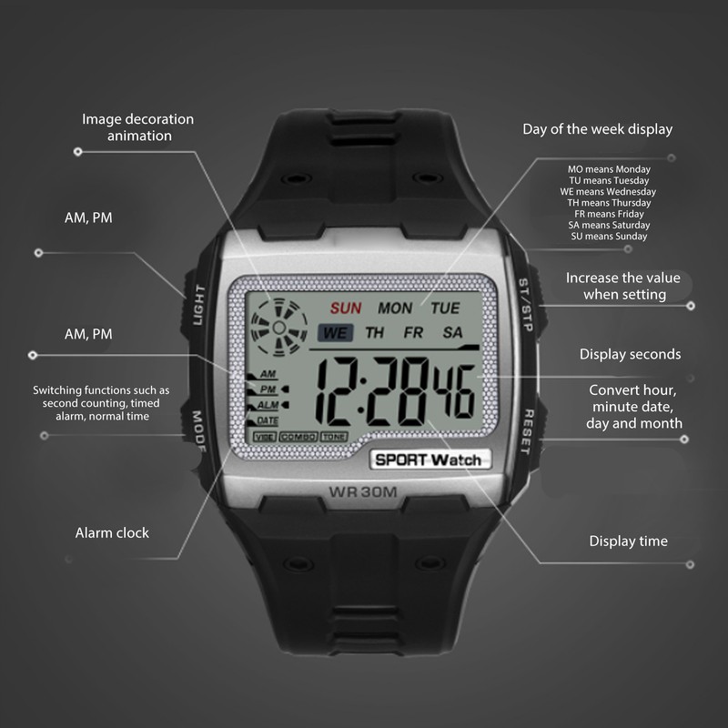 Men Digital Sports Watch WR30M Waterproof Day Date Display Electronic