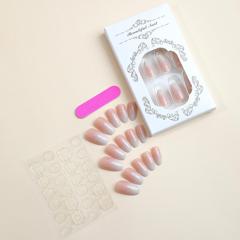 Coffin Press on Nails Medium Length Fake Nails Bling White