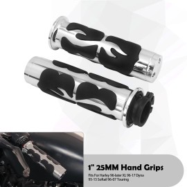 HDBUBALUS 1" 25mm Flame Fire Chrome Handlebar Grips For Harley Dyna Softail Touring FLHT