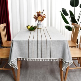 Yofori Heavy-Duty Cotton Linen Tablecloth with Tassels - Washable, Wrinkle-Free, and Reusable - Great for Kitchen, Indoor and Outdoor Dining, and Outdoor Picnics (Khaki, 135 x 220 cm)