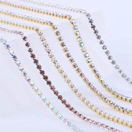 Nail Parts Chain, Set of 6 Types, Approx. 9.8 inches (25 cm), Extra Fine, 0.08 inches (2 mm), Rhinestones, Pearl, Crystal, Silver, Gold, Aurora, AAA Grade Nail Chain, Shiny, Decorative, Nail Art,
