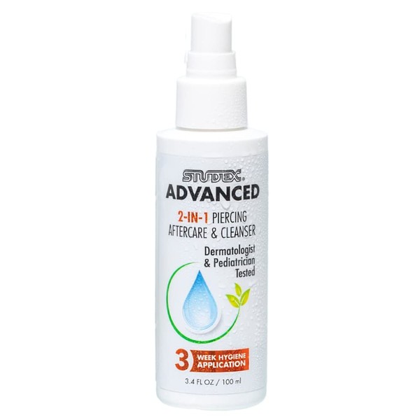 Studex Advanced 2-in-1 Piercing Aftercare & Cleanser – Hypochlorous Spray for Body and Ear Piercing, Hypoallergenic Formula for Sensitive Skin (3.4oz)